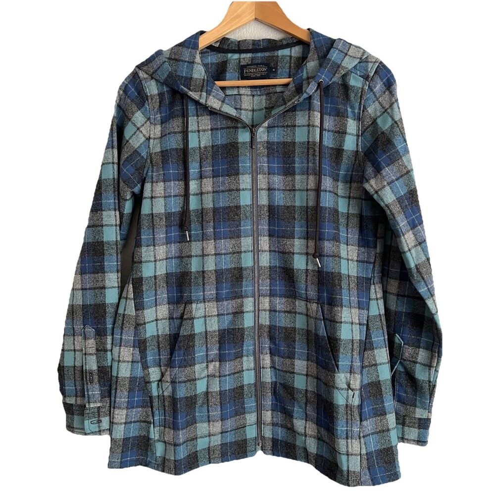 Pendleton Women’s Boyfriend Wool Zip Hoodie Size Small Virgin Wool Blue Plaid